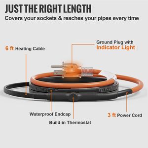 Cavo Autoriscaldante da 6 Piedi per Protezione da Congelamento, Nastro Termico per Tubi in PVC, Tubazioni Metalliche e Plastiche, Coperta Riscaldante - Product Image 5