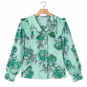 Blusa de manga larga con estampado de limones para mujer, cuello plisado en capas, abotonada, ideal para eventos de verano en el jardín y para minoristas de boutiques. - Product Image 1