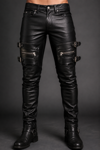 Genuine Leather Pants Men Slim Fit Biker Trousers <b>Thigh</b> Buckle Straps Zipper Pockets Clubwear Custom OEM Wholesale Hot Selling - Product Image 2