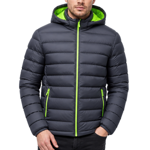 Veste matelassée pour homme avec doublure vert néon contrastant de qualité supérieure, avec capuche, chaude pour l'hiver, légère, gris foncé, veste à capuche à fermeture éclair intégrale - Product Image 1