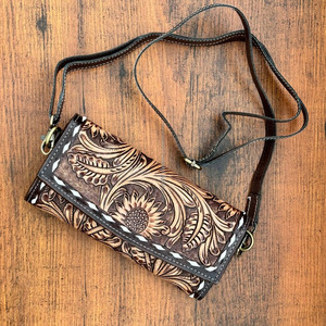 Real Hand Tooled Leather Women Purse Wholesale Genuine Leather Buck <b>Stich</b> Crossbody Wallet Western Boho Floral Cowhide Wallets - Product Image 3