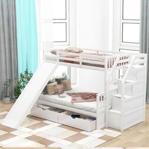 Lit superposé multifonctionnel double sur grand lit avec tiroirs de rangement et glissière, lits pour enfants blancs - Product Image 1