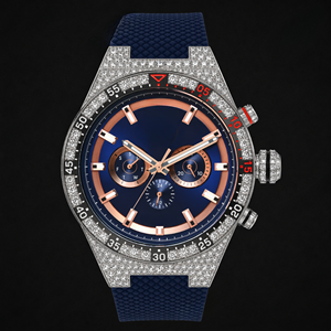 Reloj cronógrafo de lujo para hombre con diamantes en oro rosa y azul, bisel plateado, correa de caucho, reloj de moda, regalo - Product Image 1
