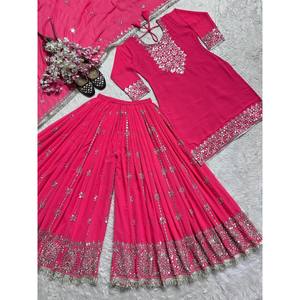 Ensemble haut-pantalon palazzo et dupatta en mousseline rose pour femme, broderie riche, taille M - Product Image 3