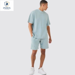 Conjunto de Camiseta y Pantalones Cortos de Cuello Redondo Azul Claro para Hombre, Ropa Informal de Verano de 2 Piezas, Tejido de Algodón - Product Image 1