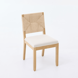 Ensemble de 2 chaises de salle à manger modernes du milieu du siècle, base en bois et rotin, revêtement en lin, dossier en cannage, assise rembourrée pour salle à manger - Product Image 2