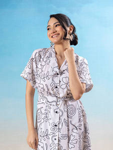 ชุดเดรสชีฟองยาวระดับเข่าสำหรับผู้หญิง ดีไซน์หรูหรา แขนสั้น ติดกระดุม พิมพ์ลาย มีเข็มขัด ผ่าข้าง เอวธรรมชาติ ซักได้ ทรงปกติ - Product Image 3