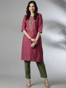 Women Navy Blue Embroidered Work Viscose Rayon Kurtis Midi Length Loose Fit Traditional Indian Pakistani Casual Wear Kurtis - Product Image 4