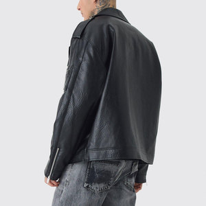 Veste de moto en cuir PU noir pour homme, col rabattu, fermeture éclair, manches régulières, couleur unie, veste de moto pour l'automne - Product Image 2