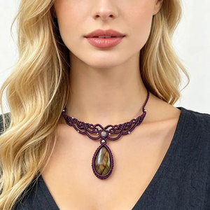 Collar Boho con Colgante de Hilo de Seda Morado y Piedra Natural con Engaste de Bisel en Forma de Gota de Agua, Joyería para Mujer - Product Image 2