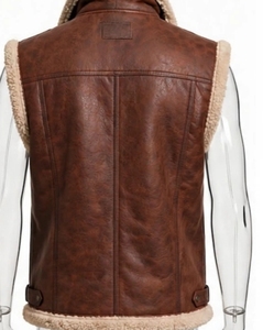 Gilet en cuir marron pour homme, doublé en sherpa, fermeture éclair, fourrure, style motard, hiver - Product Image 2