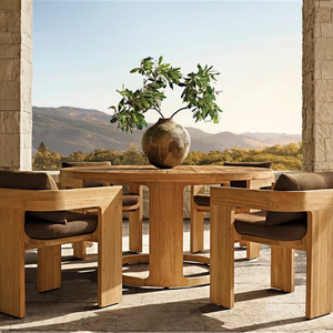Contemporary Outdoor Dining <b>Table</b> <b>Solid</b> Teak <b>Wood</b> UV-Resistant Circular <b>Top</b> with Architectural Base for Resort Garden Spaces - Product Image 2
