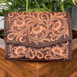 Sac à bandoulière en cuir repoussé à la main pour femmes Style occidental en cuir véritable marron pochette florale sac à main designer sac à main en peau de vache - Product Image 4