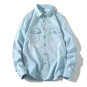 Camisa de mezclilla azul claro para hombre 2026, manga larga, cuello vuelto, corte regular, color liso, transpirable, algodón, bolsillo con costuras. - Product Image 1
