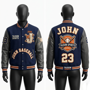 Chaqueta Varsity de Béisbol para Hombre, Mezcla de Lana, Mangas de Cuero PU, Panel de Canalé Gris Marino, Logotipo Bordado en Chenille Personalizado - Product Image 1