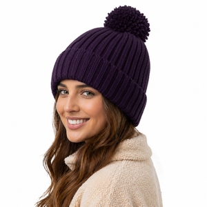 Unisex Knit Beanie <b>Hat</b> <b>Purple</b> Pom Pom Winter Cap Casual Stretch Fit Adult Headwear Solid Color Hand Knitted Acrylic Warm Cozy - Product Image 5