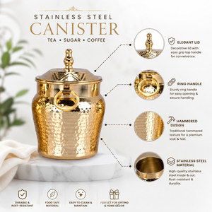 Gold Stainless Steel <b>Canister</b> Set of 5 | Hammered Metal <b>Tea</b> Sugar Coffee Food Storage Containers Arabic Kitchen Eid Decor Gift - Product Image 5