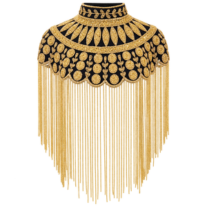 Cape à capuche de luxe vintage noir et or brodée en polyester respirant avec franges décoratives, élégante pour soirées et événements, châle d'épaule - Product Image 1