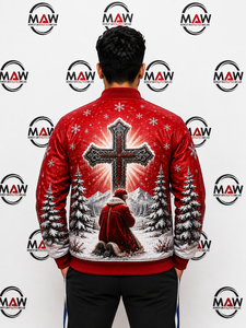 Blouson bomber rouge pour homme MAW, imprimé Père Noël, fermeture éclair, veste d'hiver décontractée, matière PU, impression par sublimation - Product Image 2