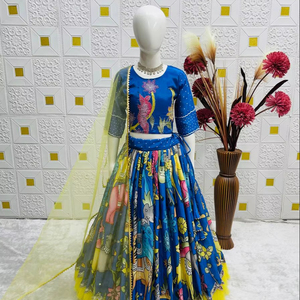 Salwar Kameez de Diseño 2026 para Niñas, Estampado Digital Kalamkari, Ropa Étnica, Bordado Floral, Amarillo con Volantes, Estilo Bollywood para Fiestas - Product Image 1