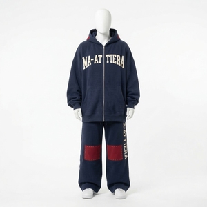 Men Navy Blue <b>Red</b> Zip Up <b>Hoodie</b> Wide Leg Pants Set Contrast Knee Panel Stud Detail Streetwear Tracksuit Custom OEM ODM - Product Image 3