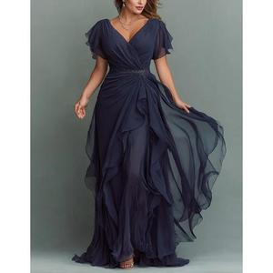 Amorzinho – robe de soirée élégante en mousseline de soie bleu marine, taille basse, col en v, coupe trapèze, longueur au sol, de haute qualité, séchage rapide - Product Image 1