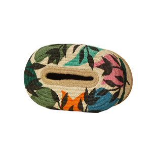 Cubierta para Caja de Pañuelos Ovalada Ligera de Yute Natural Ecológico, Tejida a Mano con Patrón Botánico Colorido, Decorativa para Mesa - Product Image 2
