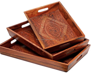 Bandeja de servicio de madera de acacia personalizada con asas para desayuno de comida de la India - Product Image 1