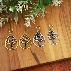 Boucles d'oreilles en pierres précieuses 7 chakras Arbre de Vie, faites à la main en laiton et plaqué argent, boucles d'oreilles pendantes en cristal de guérison, bijoux spirituels - Product Image 3