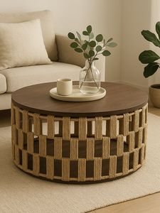Handwoven Rope Coffee <b>Table</b> With Storage Shelf And Durable Wooden Top For Stylish Home Furniture Collection - Product Image 6