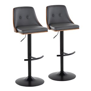 Tabouret de bar réglable Gianna de style moderne du milieu du siècle, pivotant, en métal noir et bois de noyer, simili cuir gris, pied en T arrondi - Product Image 1