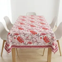 Nappe à motifs floraux rouge et blanc en coton, motif classique, motif imprimé à la main, décoration de la maison
