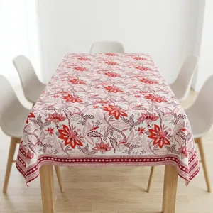 Mantel con estampado floral rojo y blanco, de algodón, con diseño clásico, estampado a mano, decoración para el hogar. - Product Image 1