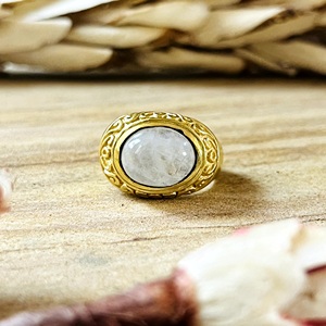 Hot Selling Moonstone <b>Rings</b> Boho Brass Band Jewelry Women 18k Gold Plated Antique Tribal Filigree Statement [Wholesale/OEM/ODM] - Product Image 1