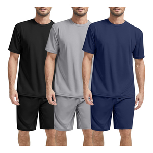 Ensemble t-shirt et short pour homme, couleur unie, séchage rapide, col rond, vêtements décontractés d'été, tissu tricoté en polyester et élasthanne - Product Image 4
