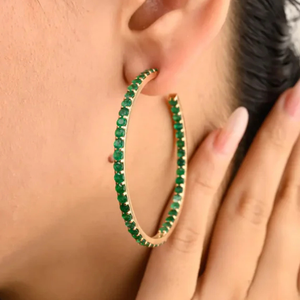 14K Gold Bohemian Round Cut Emerald Hoop Earrings with Diamond and Pearl Accents - Product Image 1