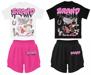 Ensemble T-shirts et shorts de survêtement personnalisés pour femme, style vintage, délavé à l'acide, avec impression sérigraphiée, 100% coton, col rond, tissu tricoté, grandes tailles - Product Image 1