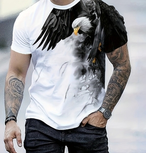 Camiseta de Manga Corta para Hombre con Estampado de Águila Blanca, Corte Regular, Cuello Redondo, Informal, de Poliéster/Algodón Lavado, Transpirable, Estilo Hip Hop - Product Image 3