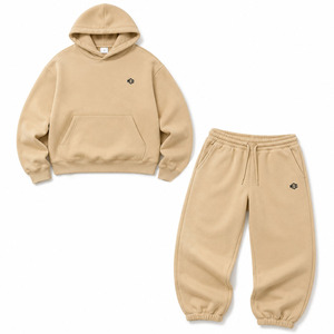 Beige Fleece Men's Hoodie Tracksuit Set Warm Brushed Lining Soft Joggers Relaxed Fit Streetwear Daily Wear Custom Logo OEM Ready - Product Image 3
