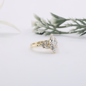Vintage Yellow Gold Marquise Cut Lab Grown Diamond Antique Floral Cluster <b>Crown</b> Setting Cluster Side Stones Unique Proposal <b>Ring</b> - Product Image 5