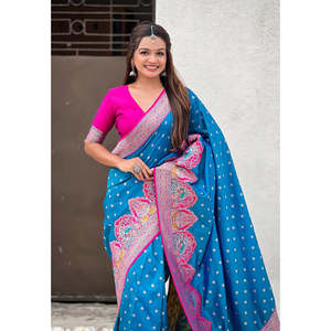 Sari de Seda Darbari Azul Elite Weaves con Tejido Zari, Ropa India y Pakistaní, 700g - Product Image 1