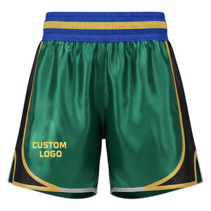 Shorts de boxe en polyester respirant avec logo personnalisé, bordure dorée en satin vert, couleurs personnalisées, OEM/ODM, nouvelle collection automne – Fournisseur de qualité - Product Image 1