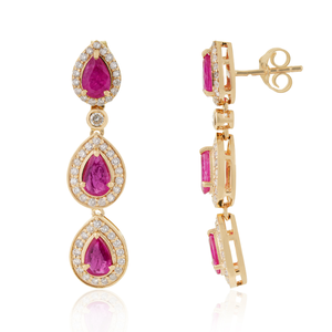 Pendientes Colgantes con Diseño Exquisito en Oro Amarillo K14 Sólido, con Rubí 100% Genuino y Halo de Diamantes en Forma de Lágrima, Joyería para Bodas - Product Image 3