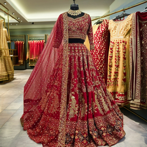 Lehenga Choli hecho a mano de alta calidad para mujer, vestido de red y seda bordada para boda y fiesta, técnicas de estampado a mano - Product Image 1
