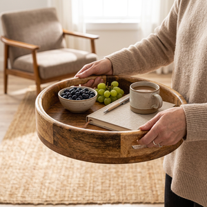 Plateau de service artisanal en gros, plateau rond en bois personnalisé OEM ODM avec poignées découpées DECORYUG - Product Image 2