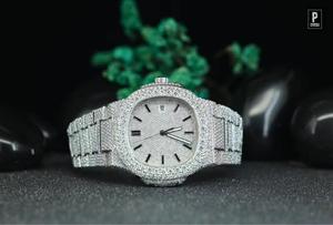 Silver Moissanite Diamond <b>Watch</b> Tonneau Quartz Luxury Mens Stainless Steel Encrusted <b>Case</b> 38mm Round Brilliant Cut VS1 Analog - Product Image 4