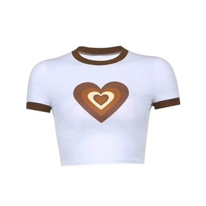 Camiseta Corta Blanca Personalizada para Mujer, Cuello Redondo, Manga Corta, Estampado de Corazón, Corte Ajustado, Informal, Primavera Verano, Impresión de Logotipo Personalizado - Product Image 1