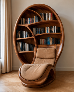 Fauteuil de lecture moderne de luxe en teck avec bibliothèque intégrée et design artistique en forme de cabine incurvée - Product Image 1