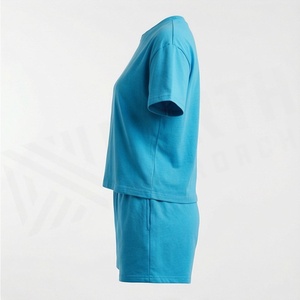 Ensemble de shorts en coton uni pour femmes, 2 pièces, t-shirt à manches courtes col rond, shorts au-dessus du genou, vêtements décontractés, haute qualité, personnalisable - Product Image 3