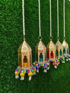 <b>Moroccan</b> Hanging Lantern Metal Candle Holder Pearl Beaded Chain Tassel <b>Decor</b> for Home Wedding Party Indoor Outdoor - Product Image 4